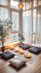 Poster - Engage in mindfulness practices serene meditation space artistic representation calm indoor environment inviting viewpoint relaxing decor