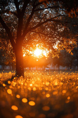 Wall Mural - sun in natural phenomena theme, golden hour sunlight filters through tree, illuminating field of glo