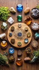 Poster - Artistic representation of spiritual symbols wooden table visual art natural environment overhead view spiritual awakening