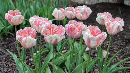 Poster - A stunning display of pink and white tulips bursts into full bloom, capturing the essence of spring with their vibrant colors and green stems, adorning a tranquil garden space