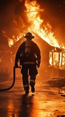 Poster - Firefighter walking away from a blazing building, carrying a fire hose as orange flames and thick smoke fill the night sky, showcasing bravery and commitment to rescue efforts
