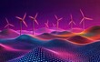 © Alexej - Dynamic 3D rendering of multicolor windmills featuring radiant dots and lines, set against an abstract foggy gradient backdrop, with a clean energy theme for modern creative concepts
