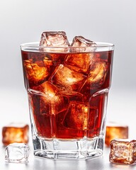 Poster - Refreshing dark cola with ice cubes in a glass on a light background studio shot