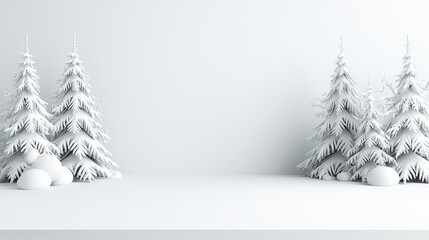 Wall Mural - Winter wonderland scene; snow-covered trees, white background; product display