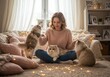 © rfassets - Young woman enjoys time with her cats surrounded by soft light in cozy indoor setting