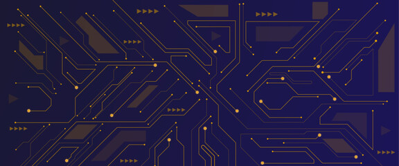 Poster - Glowing dark blue neon AI chip with thin circuit contact lines. Technology lines circuit and dots on blue background, circuit board network connection.