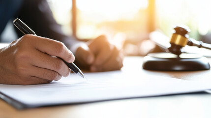 close up of hand writing on document with gavel in background, symbolizing justice