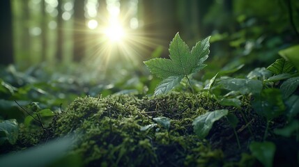 Poster - Sunlight filtering through green leaves nature path close-up shot forest environment tranquil viewpoint natural beauty