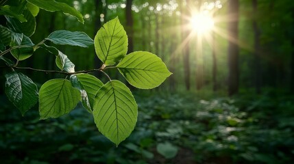 Poster - Sunlight filtering through green leaves in a lush forest nature photography serene environment close-up view