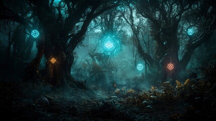 Aufkleber - Mysterious forest adventure enchanted woods visual art ethereal atmosphere wide angle a forest with a soul