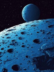 Wall Mural - artwork of outer space featuring a moon with craters, a distant planet, and a starry night backdrop.