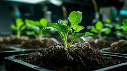 Fototapete - Ai-assisted plant growth high-tech environment agriculture innovation indoor nursery close-up view sustainable development