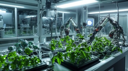 Aufkleber - Urban biotechnology lab cultivates advanced crops using robotics in a high-tech aerial research environment