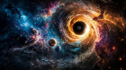 Poster - Swirling black hole as a gateway to cosmic wonders outer space digital art galactic environment wide view astronomy concept