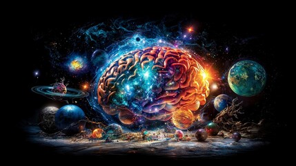Fototapete - Cosmic creation the human brain illuminating a universe of possibilities in a surreal dreamscape