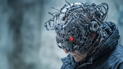 Poster - Futuristic cyborg transformation in urban labs close-up of human-machine integration in a dystopian world