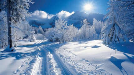 Poster - A tranquil winter landscape showcases a path winding through a pristine snow covered forest, with sunlight illuminating the snowy peaks in the backdrop.