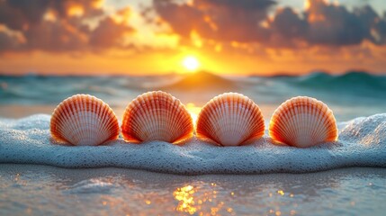 Canvas Print - Seashells sunrise beach ocean wave foam (1)