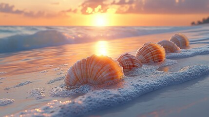 Canvas Print - Seashells sunset beach wave foam ocean