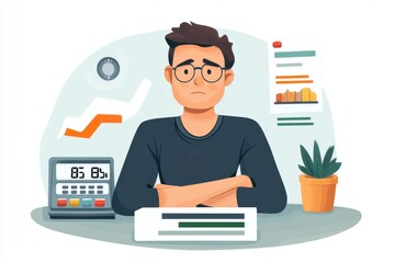Poster - a man appears concerned, sitting at a desk with charts, a clock, and a plant, suggesting a focus on 