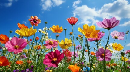 Poster - A breathtaking display of wild flowers showcases brilliant colors on a sunny spring day. The flowers dance gently in the breeze, creating a lively atmosphere filled with joy and warmth