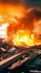 Poster - Large fire burning a building with smoke and flames rising into the sky during a natural disaster or war, with debris and rubble in the foreground
