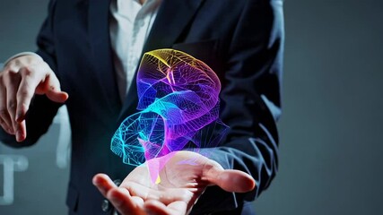 Aufkleber - Businessman manipulating a colorful, abstract, three dimensional hologram projected above his hands, showcasing innovative technology in data visualization and interaction