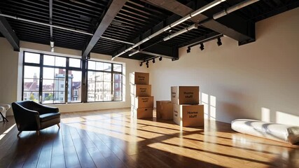 Fototapete - Soft sunlight streaming through large windows, illuminating scattered cardboard boxes and bubble wrap across hardwood floors of spacious, minimalist loft apartment during moving process