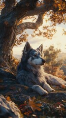 Sticker - Majestic wolfdog rests under autumn tree, sunlight illuminating fur.