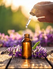 Wall Mural - Salvia sclarea, clary sage oil essential, bottle glass and pipette, flower, wood table, background nature, aromatherapy