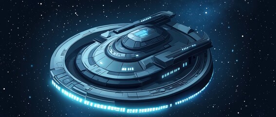 Wall Mural - futuristic spaceship in space, glowing lights, dark background.