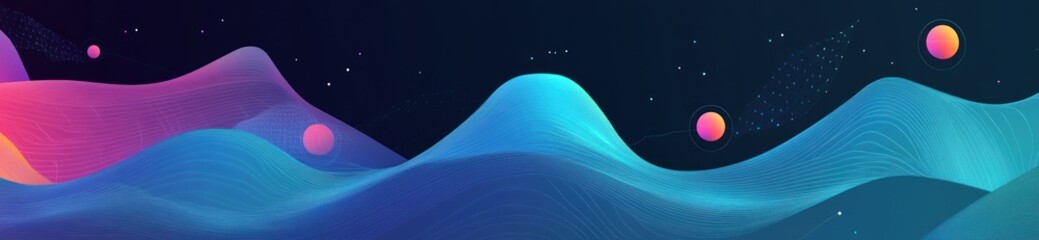 Abstract colorful landscape with glowing hills and celestial bodies.
