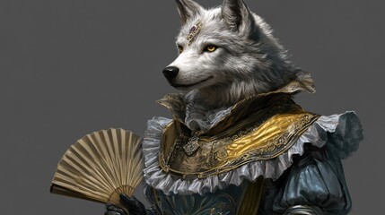 Wall Mural - Anthropomorphic wolf in elegant attire, holding a hand fan.