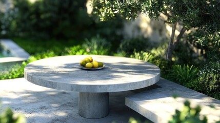 Wall Mural - Sunlit patio with round stone table, lemons, and lush greenery.