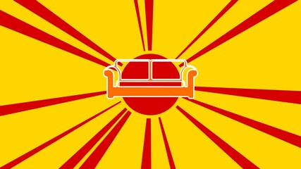 Poster - Sofa icon on the background of animation from moving rays of the sun. Movement symbolizes the dawn of the sun. Large orange symbol increases slightly. Seamless looped 4k animation on yellow background