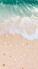 Poster - Turquoise ocean waves gently wash over a sandy beach covered with seashells in a tranquil slow motion sequence, evoking a serene and relaxing holiday atmosphere