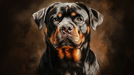 Wall Mural - Close-up portrait of a Rottweiler dog, intense gaze, dark background.