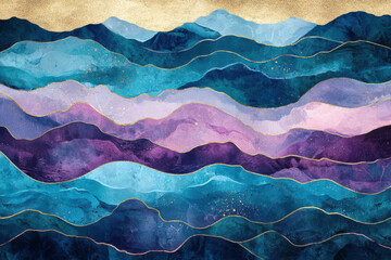 Poster - Vibrant and contemporary wave design featuring blue and purple hues, striking neon shades, golden accents, trendy ink effects, artistic illustrations, layered textures, and sleek printable wallpaper