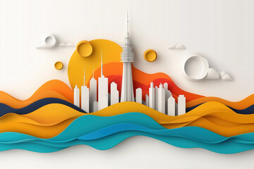 Poster - Colorful skyline with abstract waves and sun in a creative design style