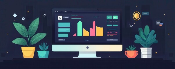 Poster - a colorful digital dashboard on a computer screen displaying various analytics, accompanied by decor