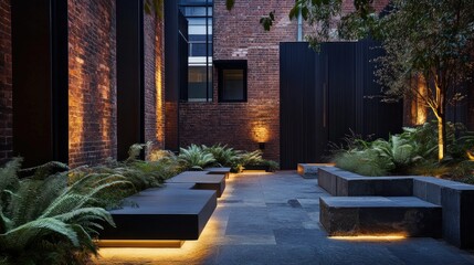 Wall Mural - Modern courtyard with brick walls, stone benches, and illuminated plants at night.