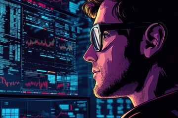 Poster - A focused individual analyzes data on screens, illuminated by vibrant colors, showcasing a blend of technology and human curiosity.