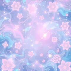 Poster - Colorful pastel floral patterns create a dreamy atmosphere with swirls and sparkles in a blue background. Generative AI