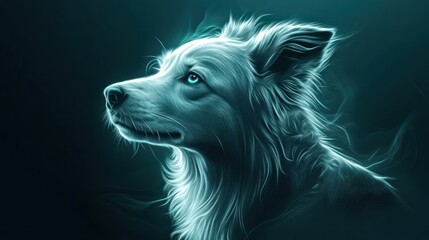 Wall Mural - Glowing white dog portrait, teal background, artistic digital illustration.