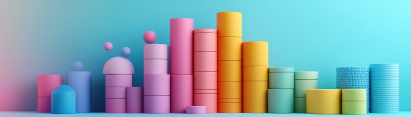 Poster - A vibrant arrangement of colorful cylindrical shapes against a blue background, resembling a playful abstraction or a modern design element.