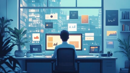 Poster - A person working at a desk with multiple computer screens displaying various charts and data, set against a cityscape at night.