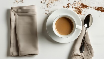 Top view of coffee cup with napkin and spoon on white table with copy space