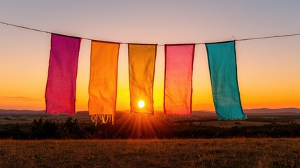 Wall Mural - Colorful fabrics hanging at sunset, hilltop view