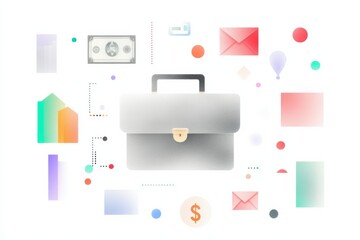 Poster - Creative flat design featuring a briefcase surrounded by financial and communication icons in a modern style