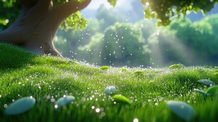 Sticker - Lush green grass, tree, sunlight, rain drops, nature scene.